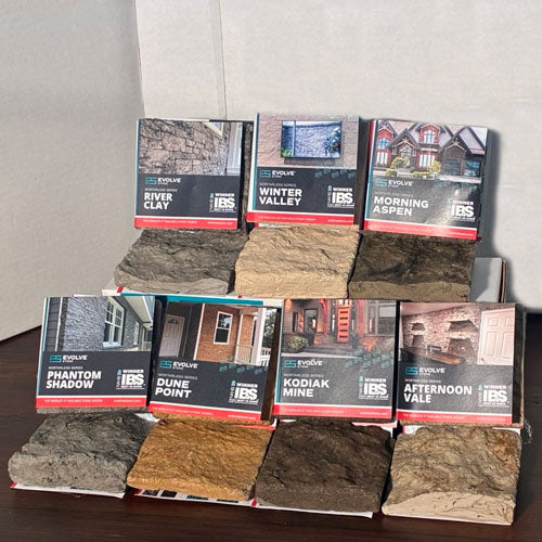 Collection of Evolve Stone Mortarless Stone Samples, River Clay, Winter Valley, Morning Aspen, Phantom Shadow, Dune Point, Kodiak Mine, Afternoon Vale