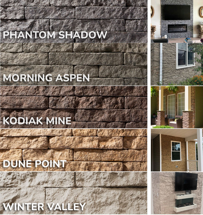 Evolve Stone Color Chart Phantom Shadow, Morning Aspen, Kodiak Mine, Dune Point, Winter Valley
