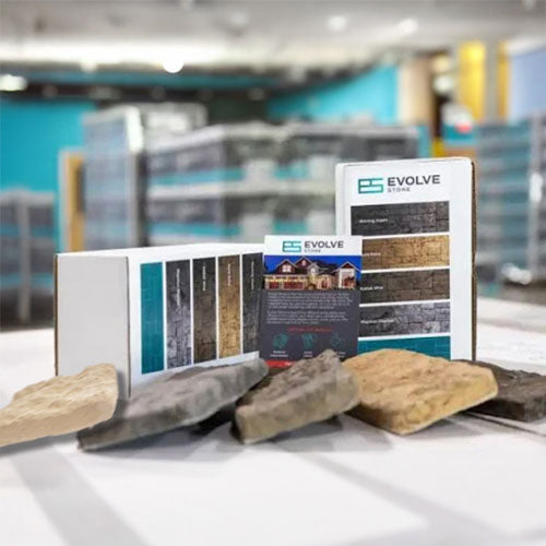 evolve stone 5 color sample kit - Mortarless stone siding. Winter Valley, phantom shadow, morning aspen, dune point, kodiak mine