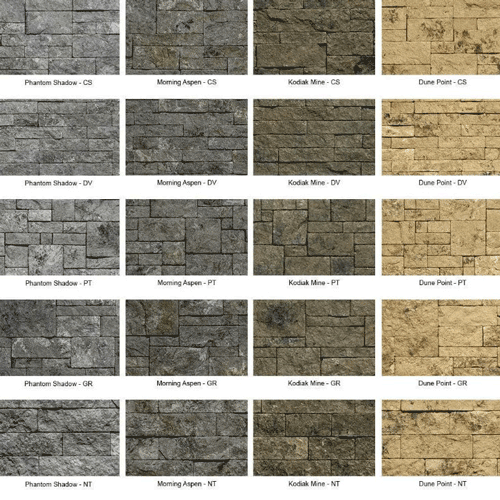 Evolve Stone color style chart, Phantom Shadow, Morning Aspen, Kodiak Mine, Dune Point, Capital Sky, District View, Georgetown Run, National True