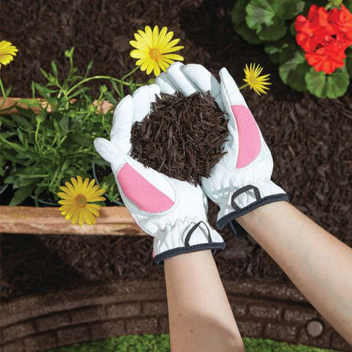 brown shredded rubberific rubber mulch in garden beds