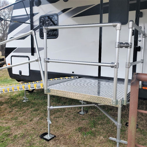 wheelchair accessibility RV camper ramp with platform and railings