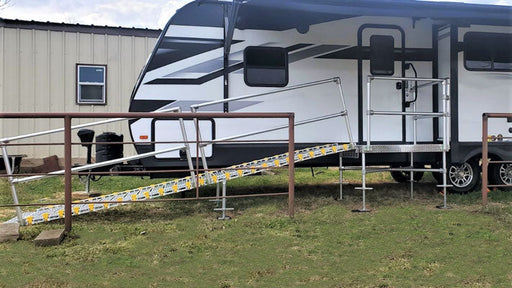 RV ramp for travel trailer 5th wheel with railing roll-a-ramp