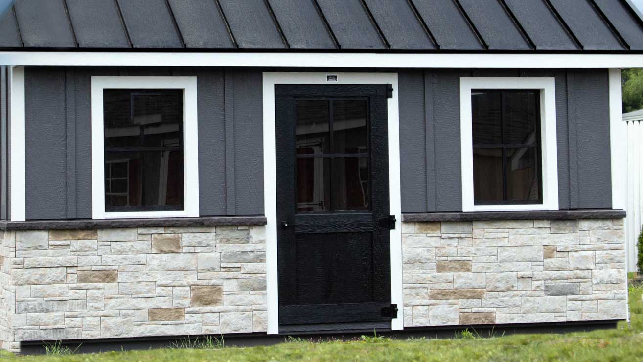 Versetta Stone Charcoal Grey Wainscot Cap with Mission Point Tight Cut Siding