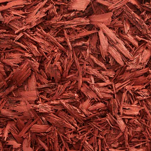 Red shredded rubber mulch Rubberific IMC brand